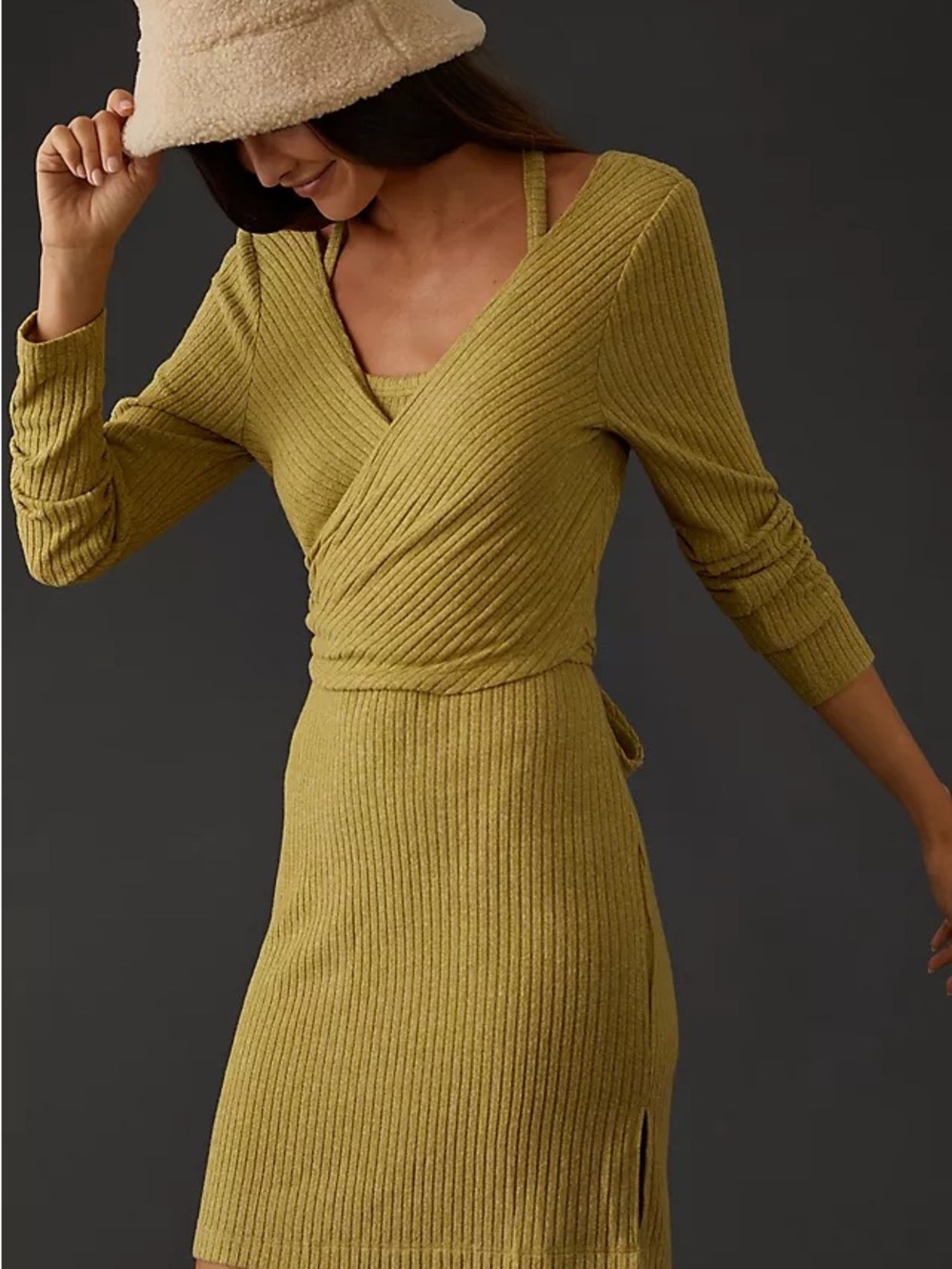 Daily Practice Wrap Knit Dress in Olive Green
